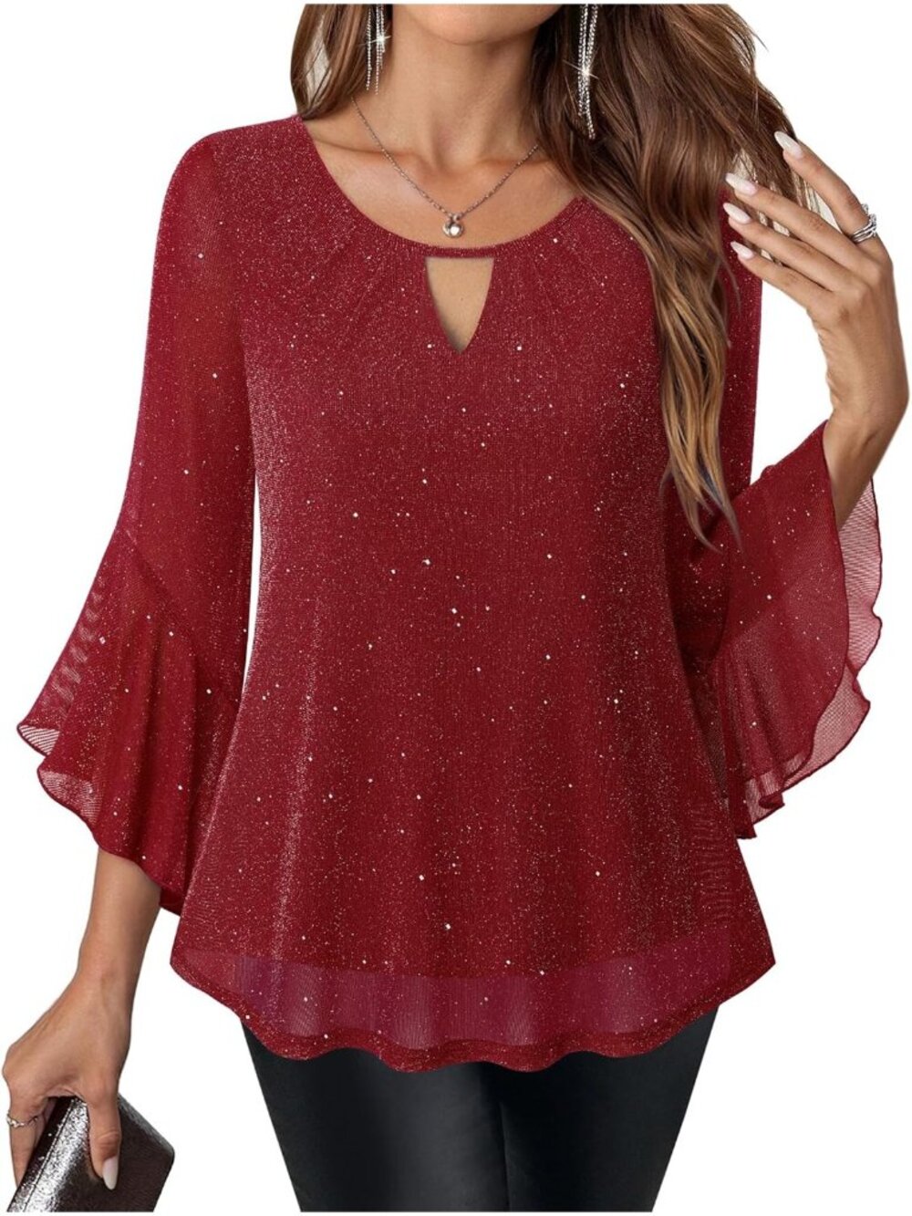 Women's Shirt Sparkly Red Ruffle 3/4 Sleeve Blouses Glitter Cocktail Party Top